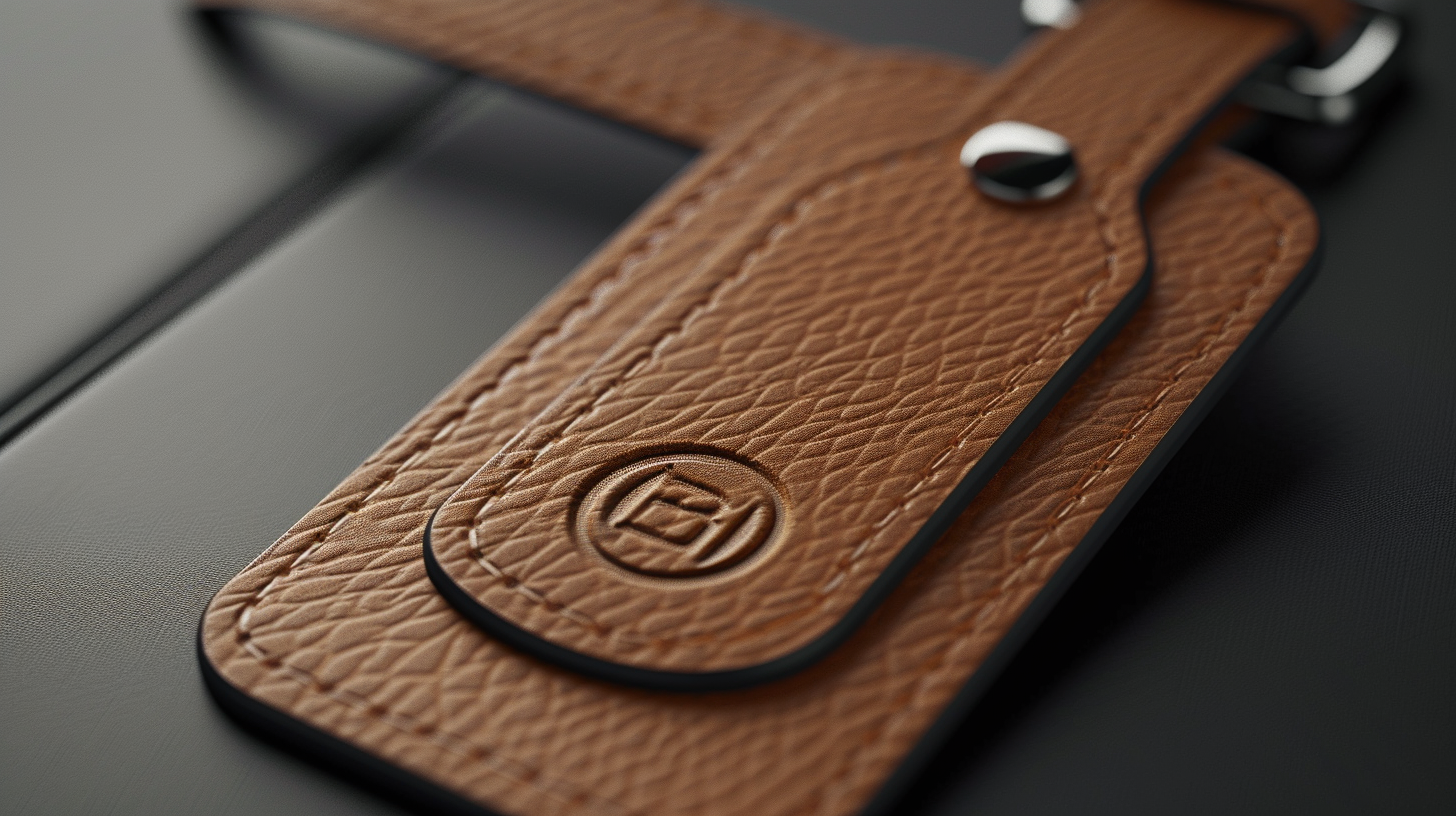 Luxury leather luggage tag with embossed logo.