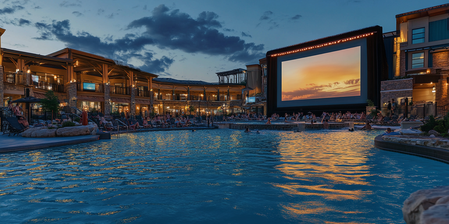 Luxury open air movie theatre by pool.