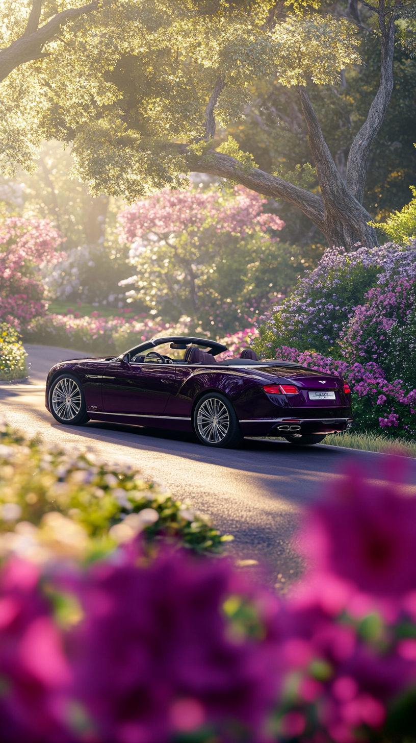 Luxury purple car in spring garden, photorealistic view.