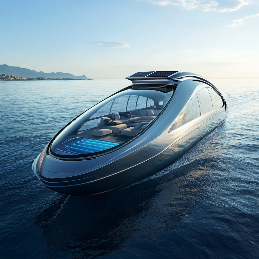 Luxury yacht in 2040 on blue waters with pool