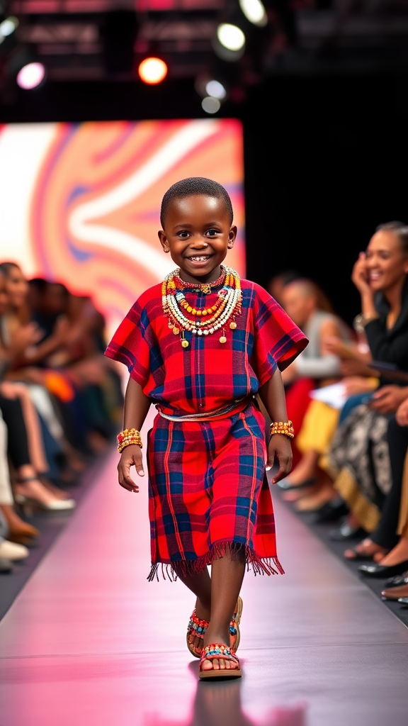 Maasai Boy Struts Confidently in Vibrant Traditional Attire.