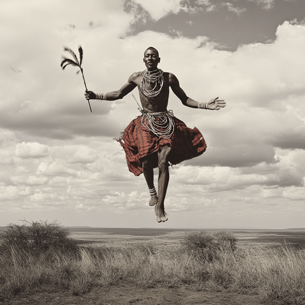 Maasai tribe skilled in traditional dance jumping high.