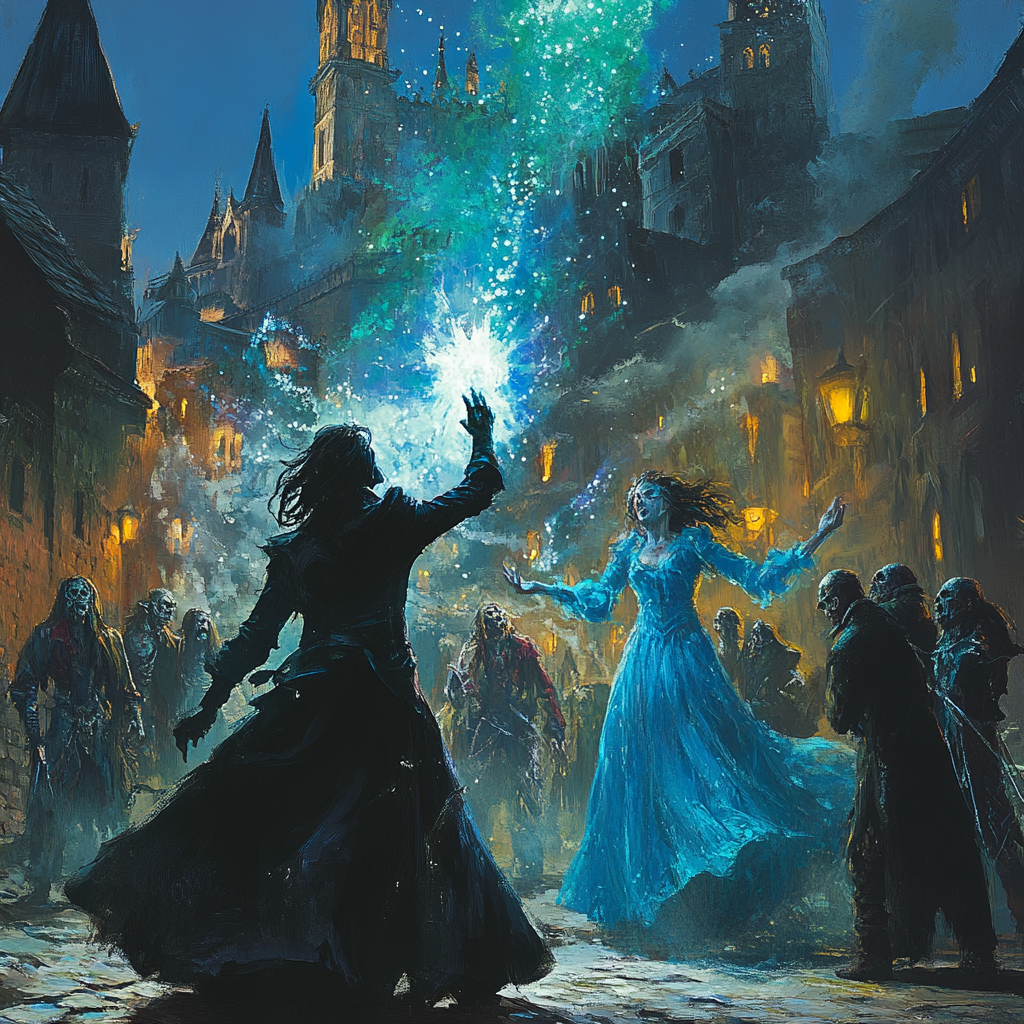 Mage banishing sorcerer with zombies in background at dawn.