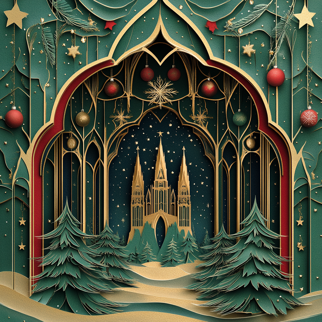 Magical Christmas scene in paper-cut-out design.