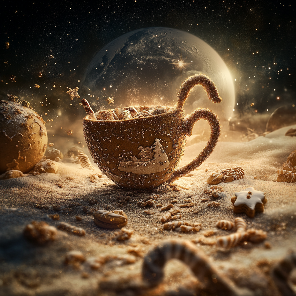 Magical Gingerbread Cup on Moon with Christmas Sweets