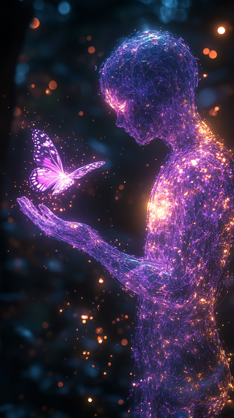 Magical Purple Figure Playing with Glowing Butterfly