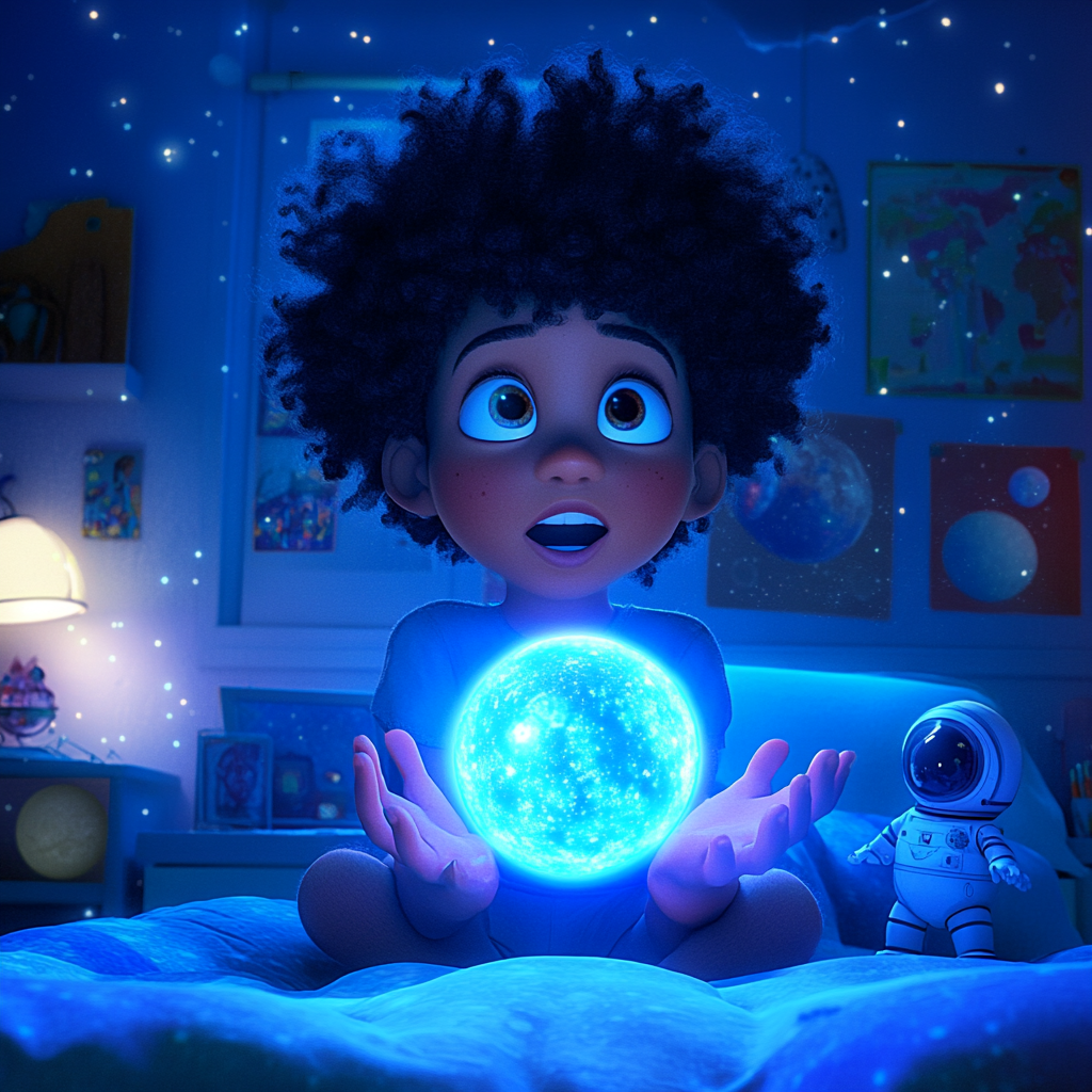 Magical moment: Boy with glowing blue sphere