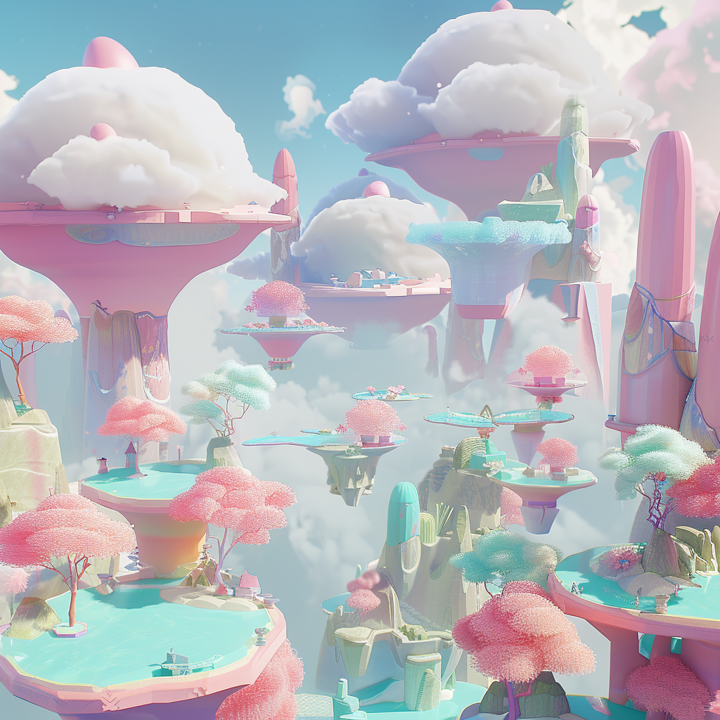 Magical open world videogame with pink and blue