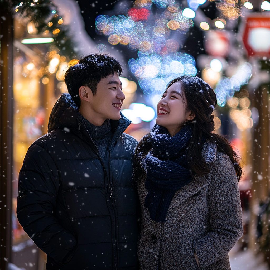 Magical snowy night in European-style town