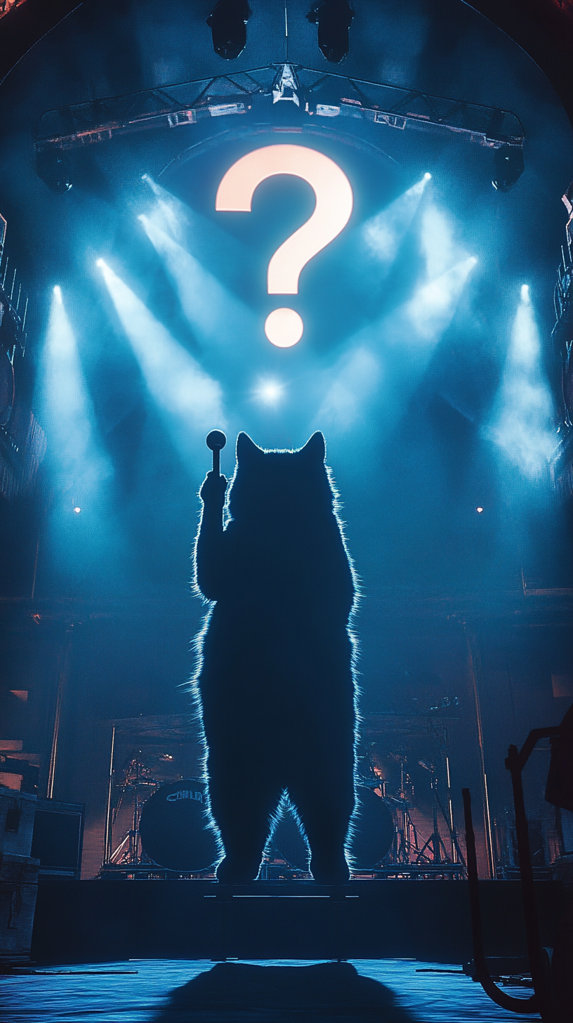 Magnificent stage with bright spotlights, huge cat holds microphone.