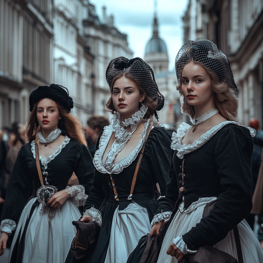 Maid girls walking through crowded London street.