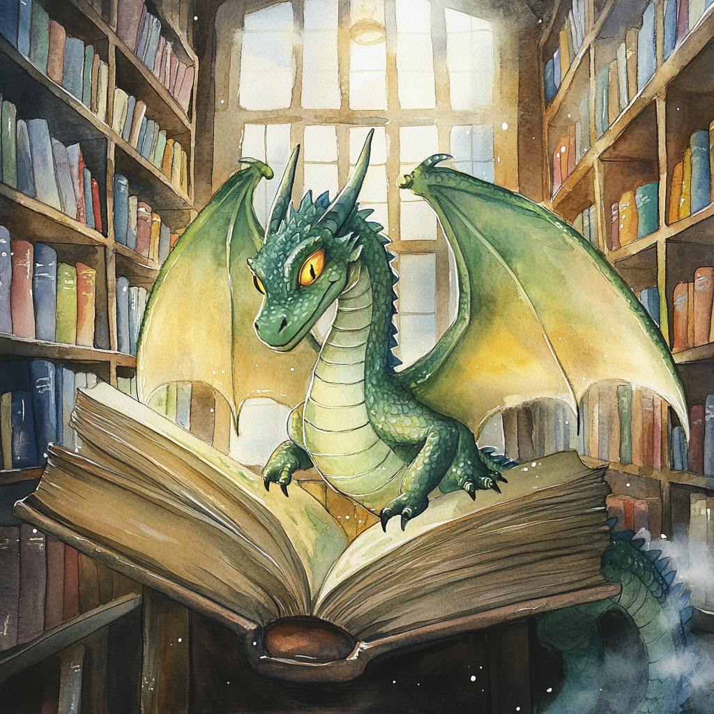 Majestic Dragon Emerging from Storybook in Cozy Library