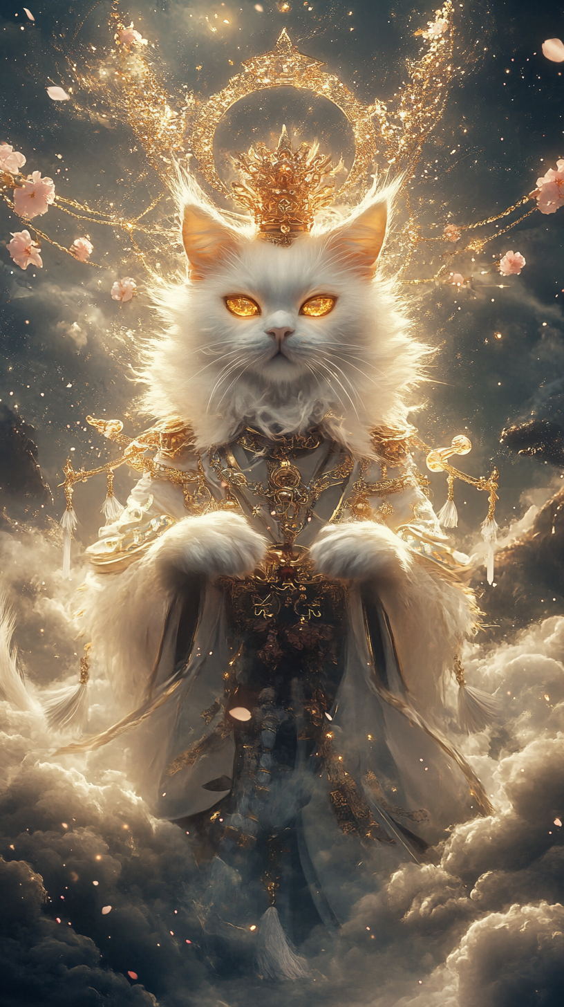 Majestic Japanese cat god with golden eyes