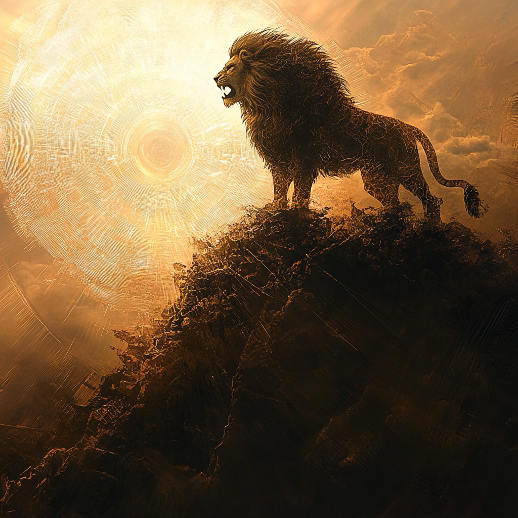 Majestic Lion Standing Atop Metallic Hill