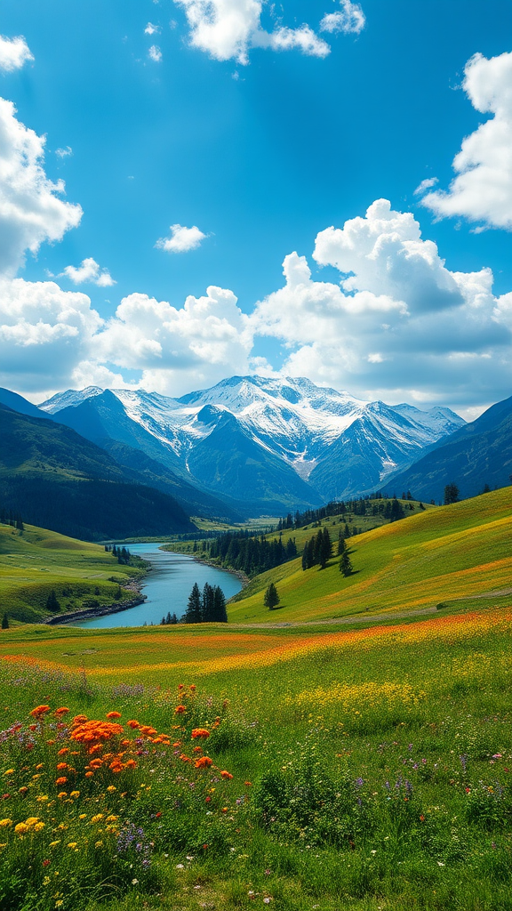 Majestic Mountains and Tranquil River in Vibrant Landscape