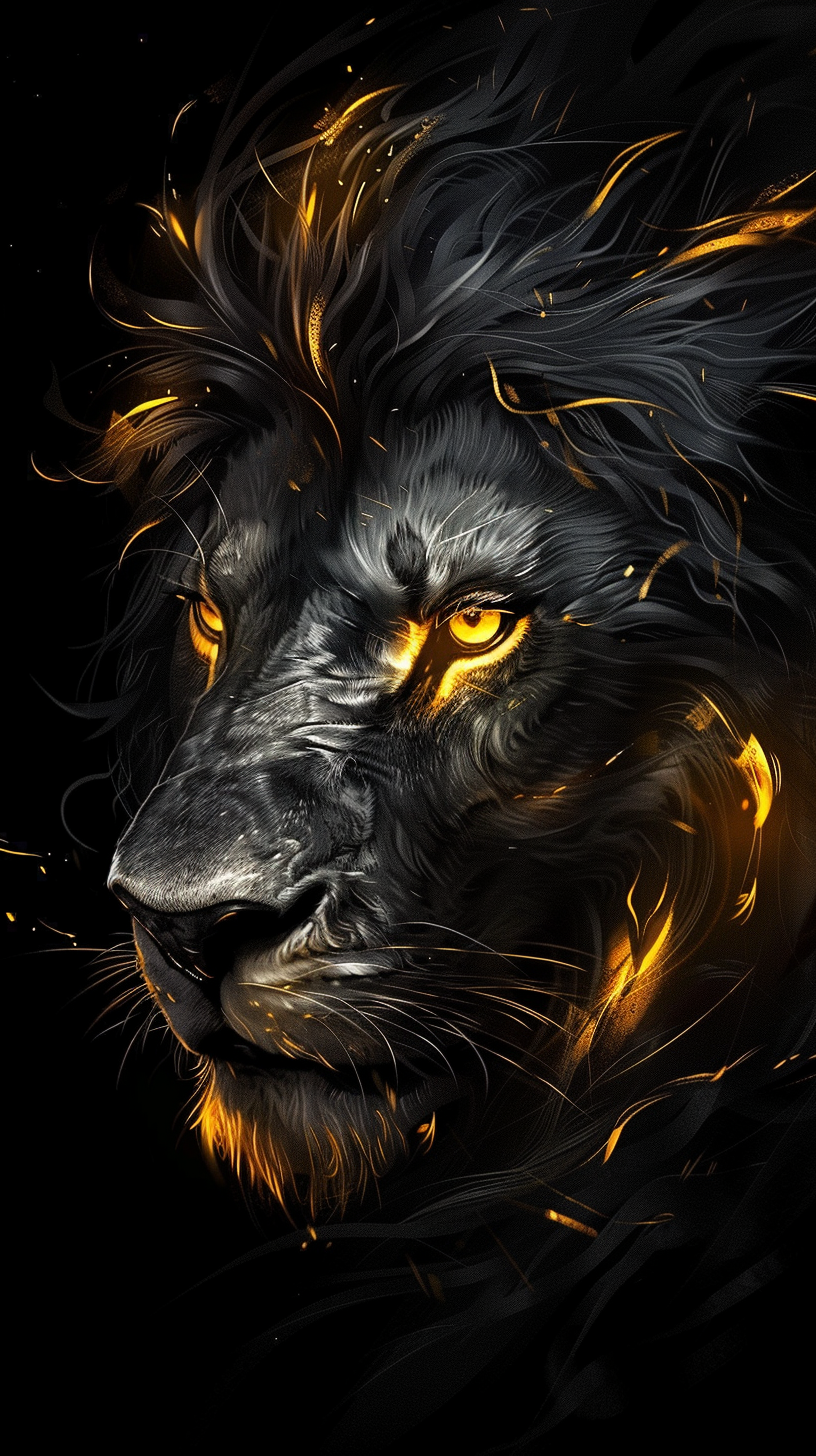 Majestic lion with golden mane in darkness.