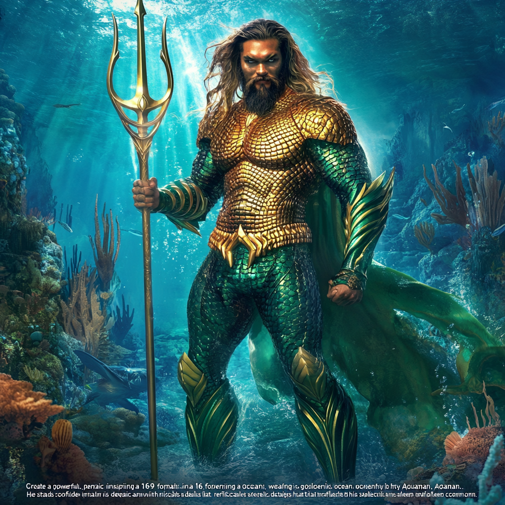 Majestic ocean superhero in glowing armor surrounded by sea creatures.