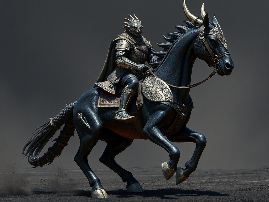 Majestic warrior on ebony horse prepares for battle.