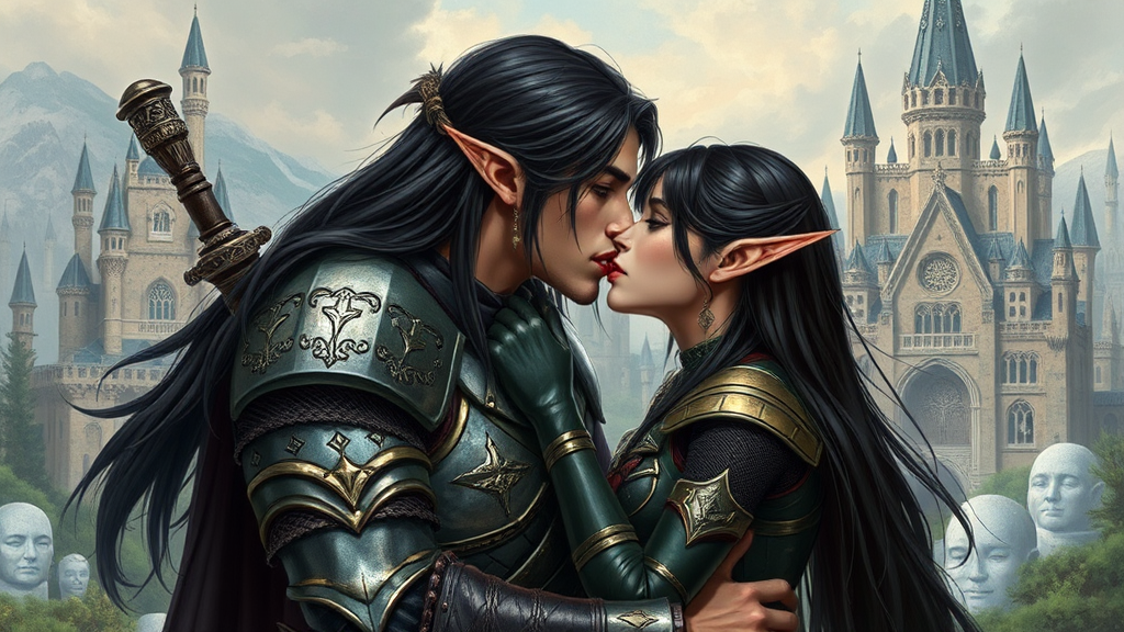 Male and female elf warriors kissing in armor.