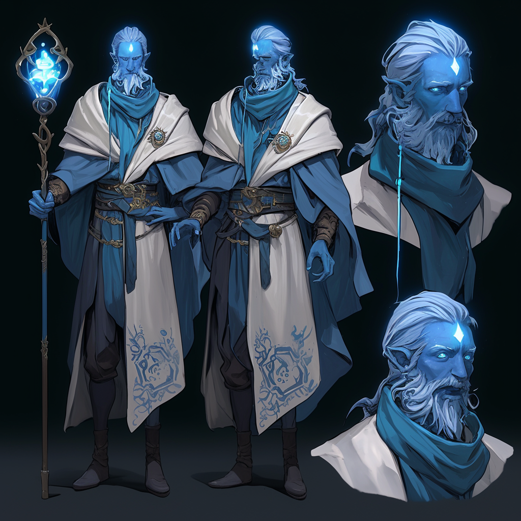 Male frost genasi sorcerer in winter clothing design.