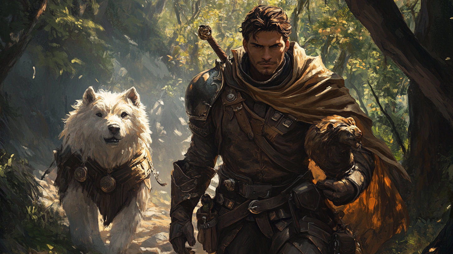 Male ranger with fantasy race animal companion in action.