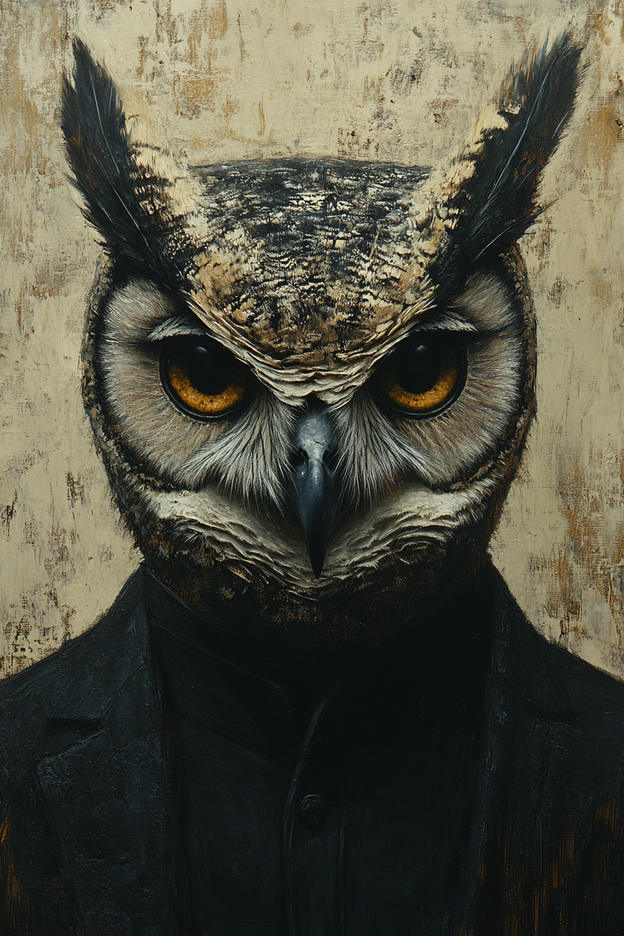 Male with owl head in vintage black attire art.