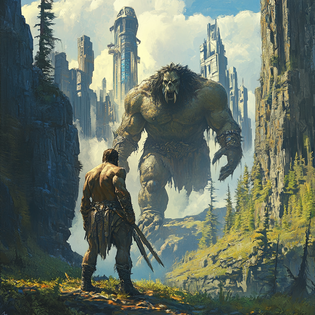 Man Battles Orc in Stone Age Futuristic City