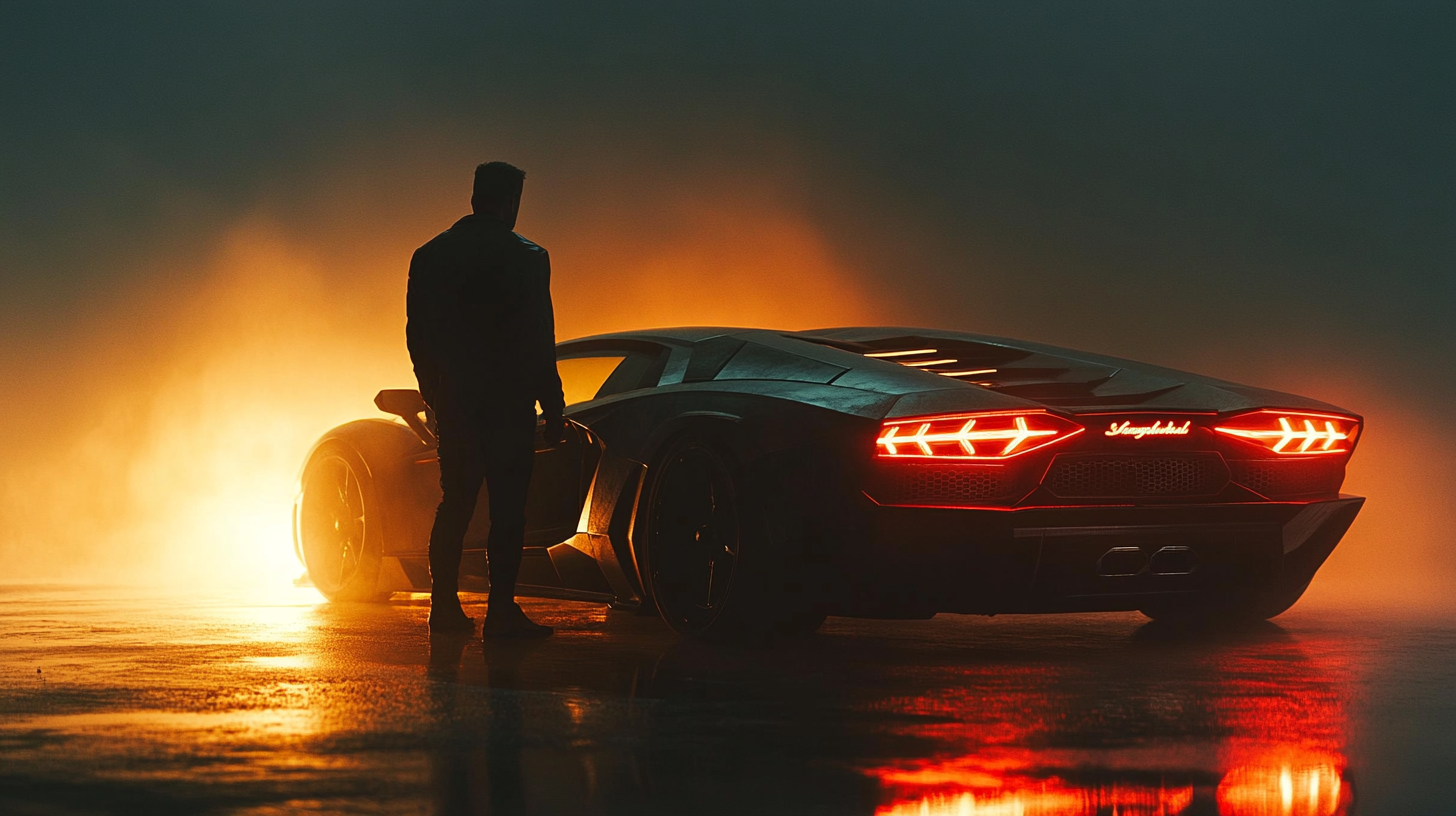 Man Beside Neon-Lit Lamborghini on Foggy Night