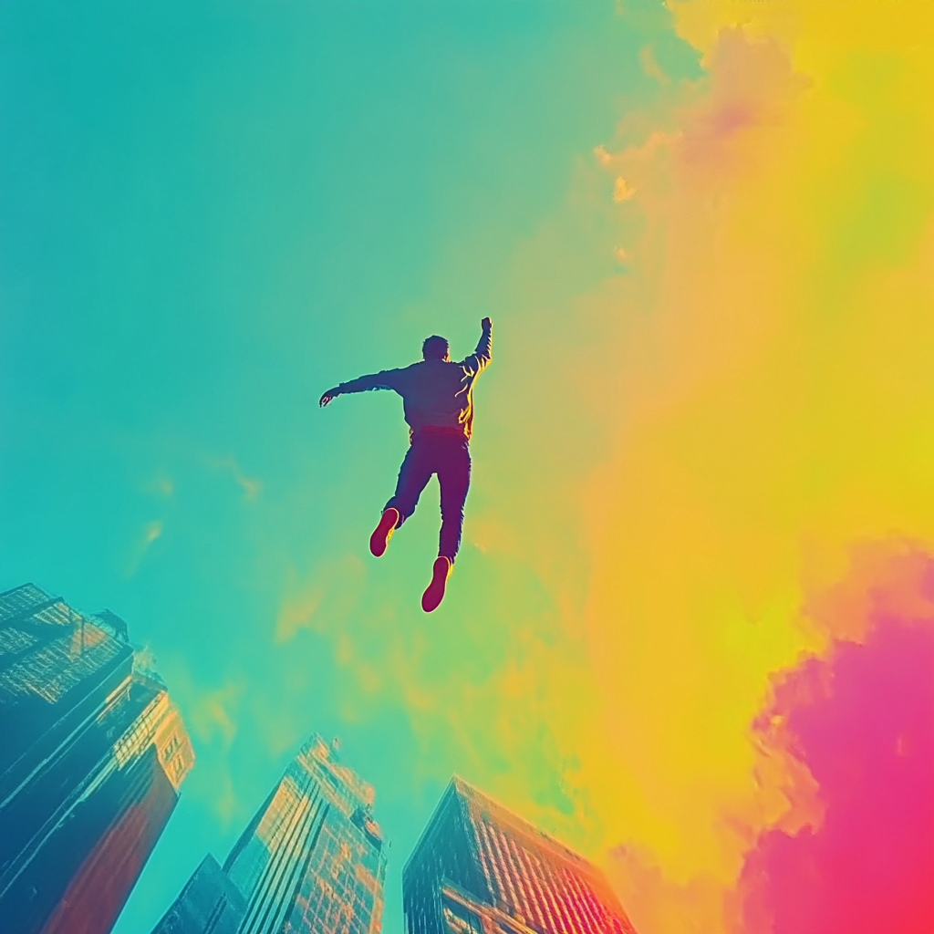 Man Jumping Over City Towards Bright Sky