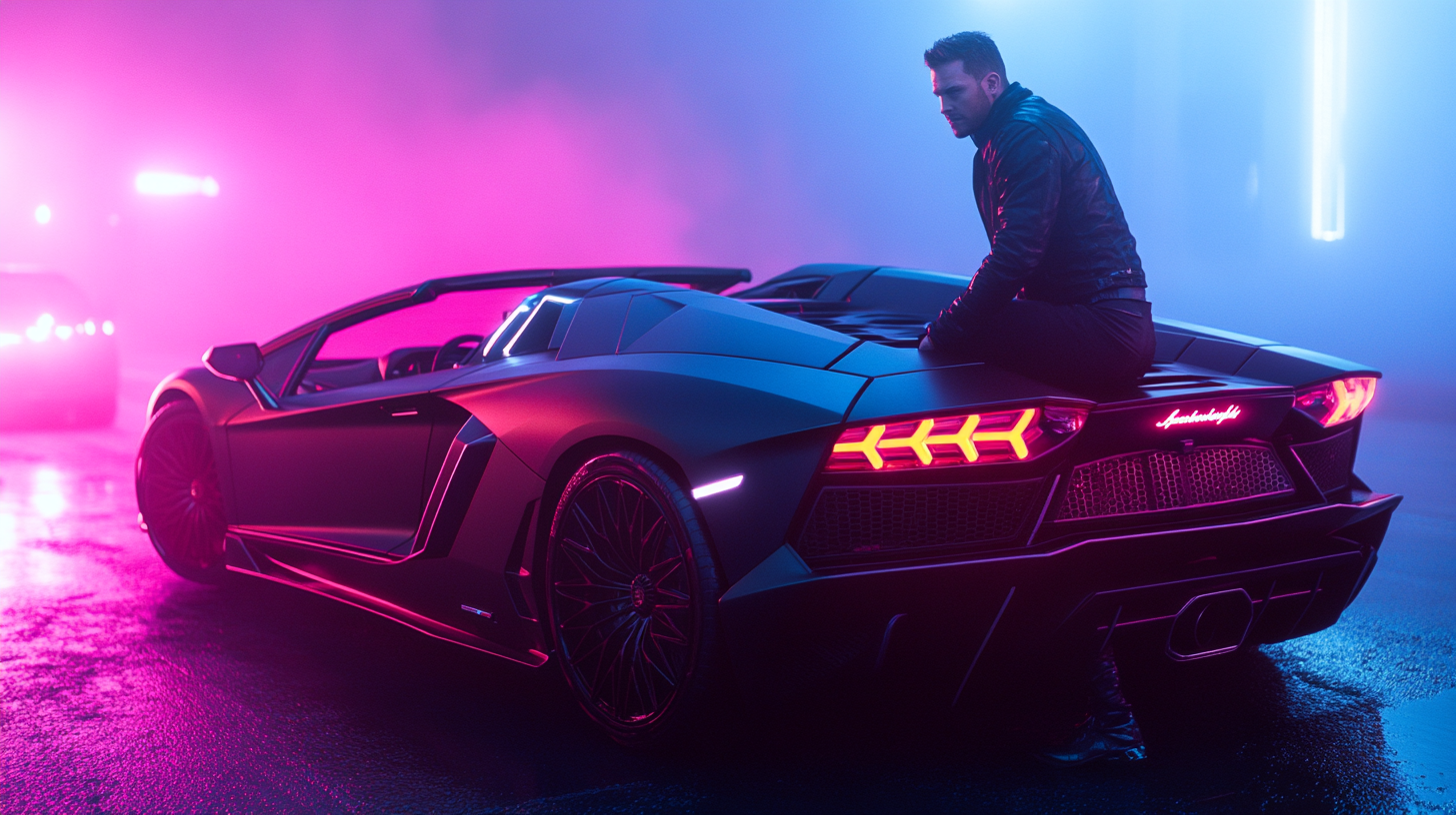 Man Leaning on Black Lamborghini in Neon Night