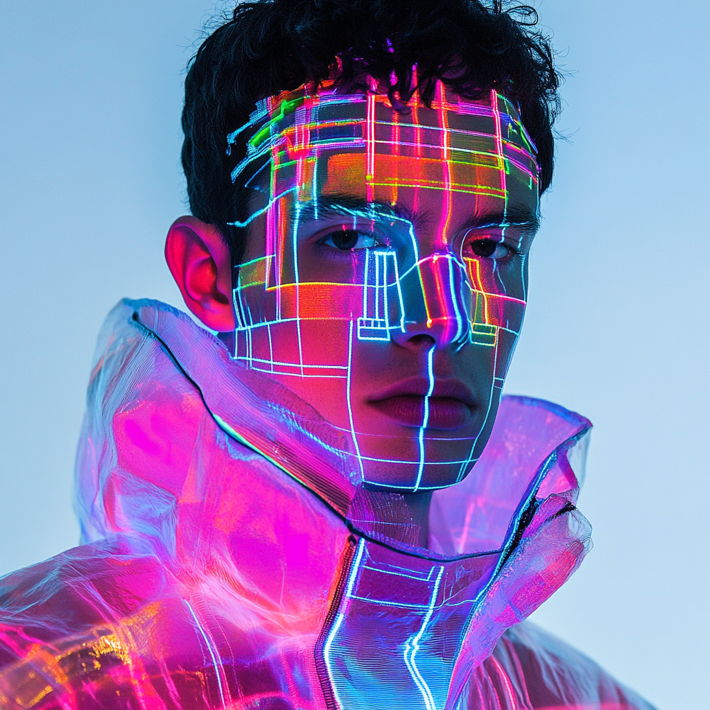 Man Modeling Futuristic, Minimalist, Techno-Inspired Fashion