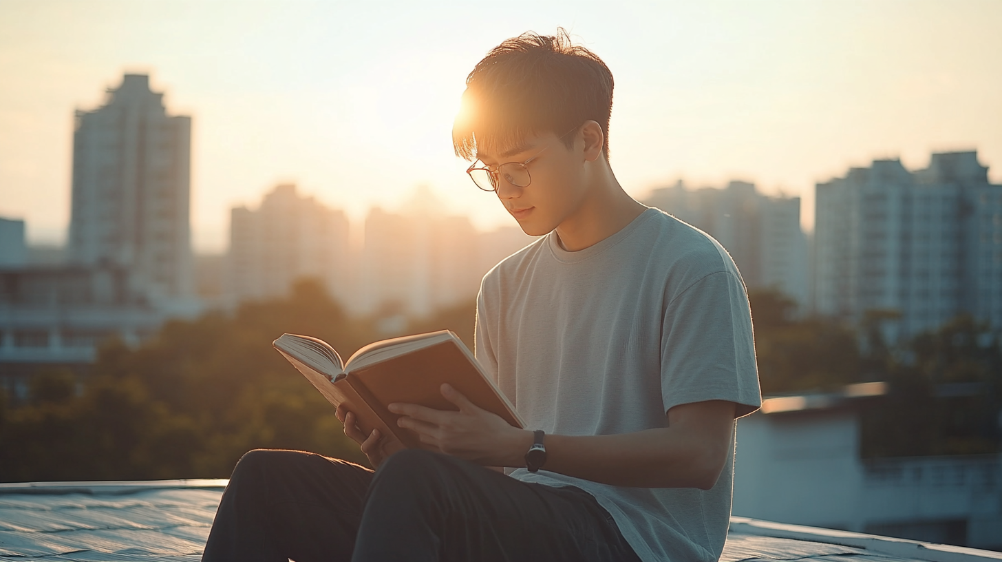 Man Reading Book on Sunny Rooftop with City View