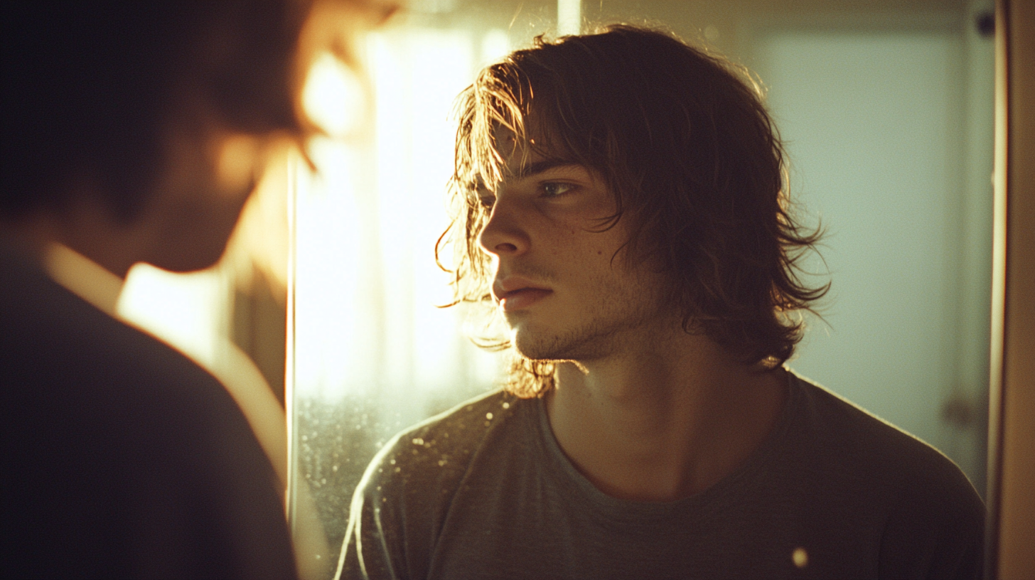 Man Reflecting in Sunlit Mirror, Looking Tired