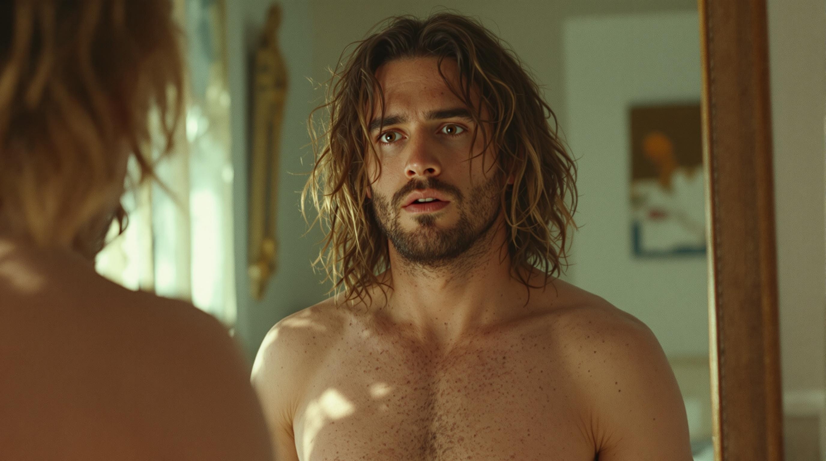 Man Reflecting in Sunlit Mirror, Out of Breath