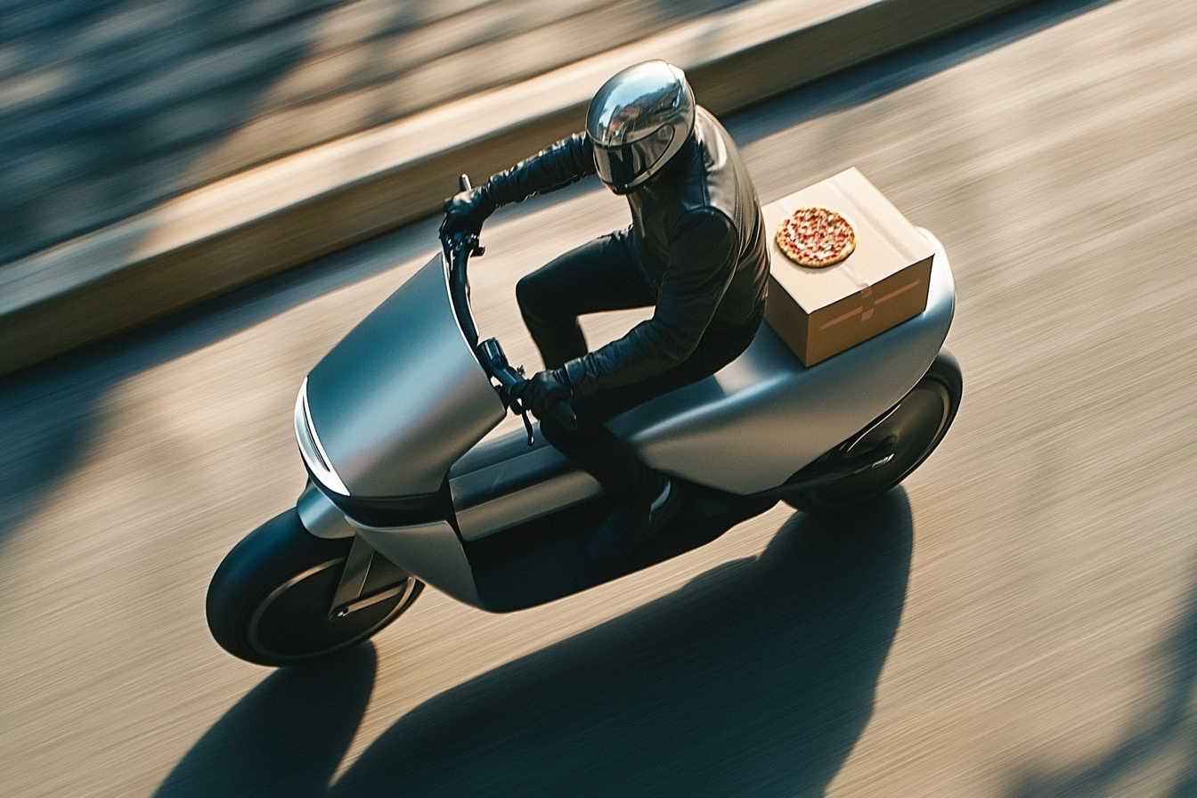 Man Riding Sleek Electric Scooter with Pizza Box