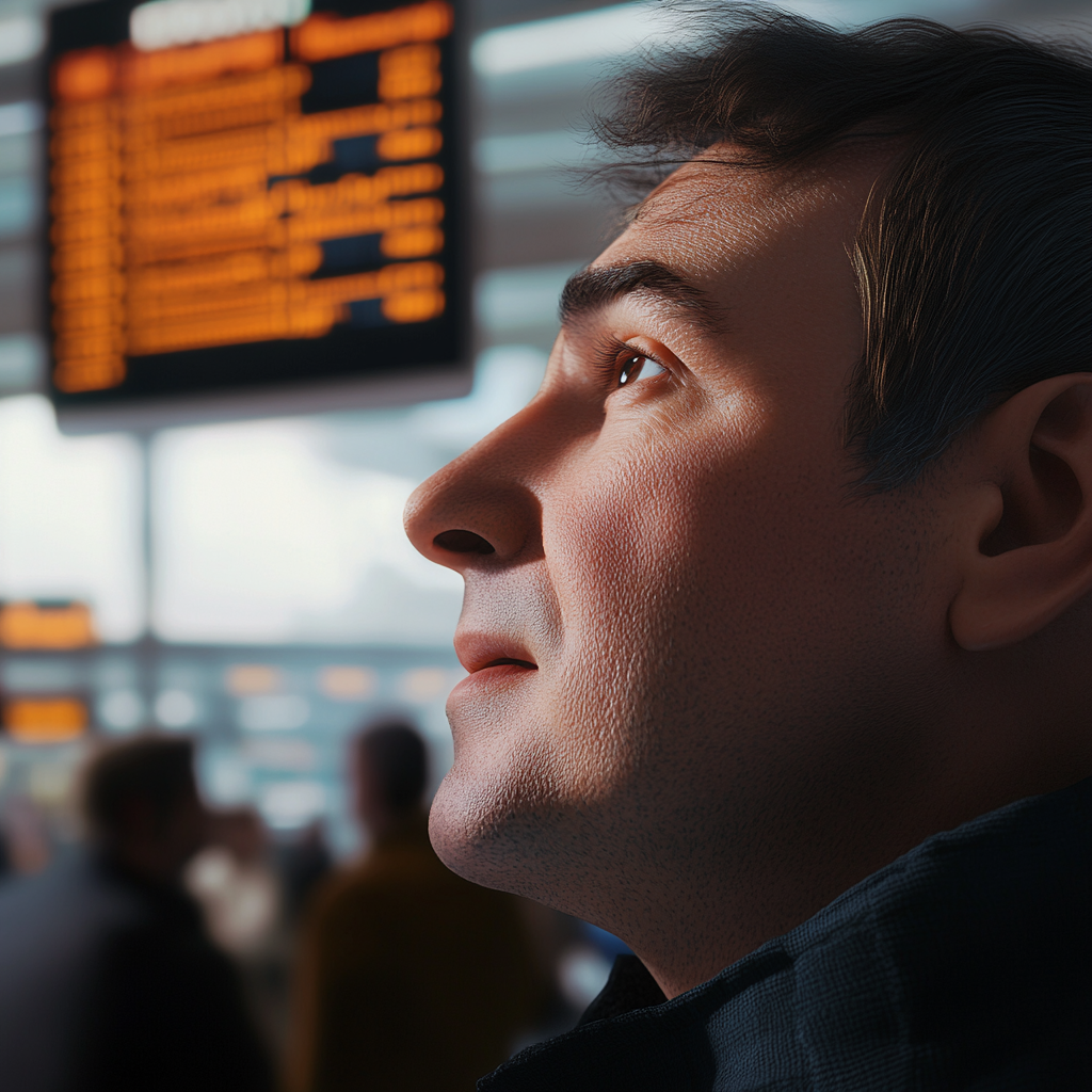 Man Smiling at Flight Board in Airport Display