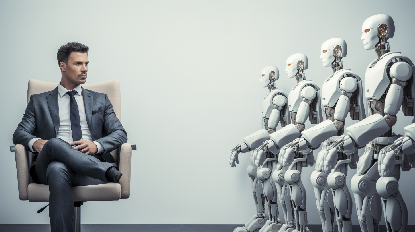 Man and AI robot waiting for job interview