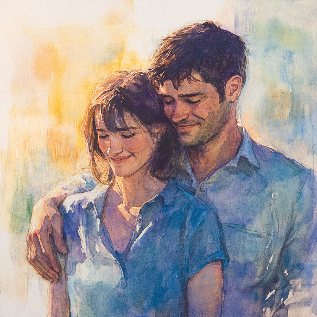 Man and woman share heartfelt moment in painting.