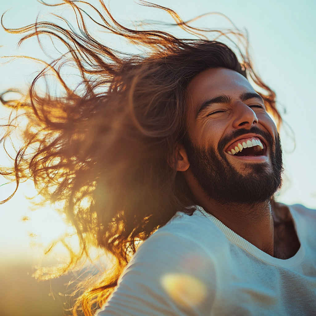 Man celebrating, running hands through healthy, shiny hair.