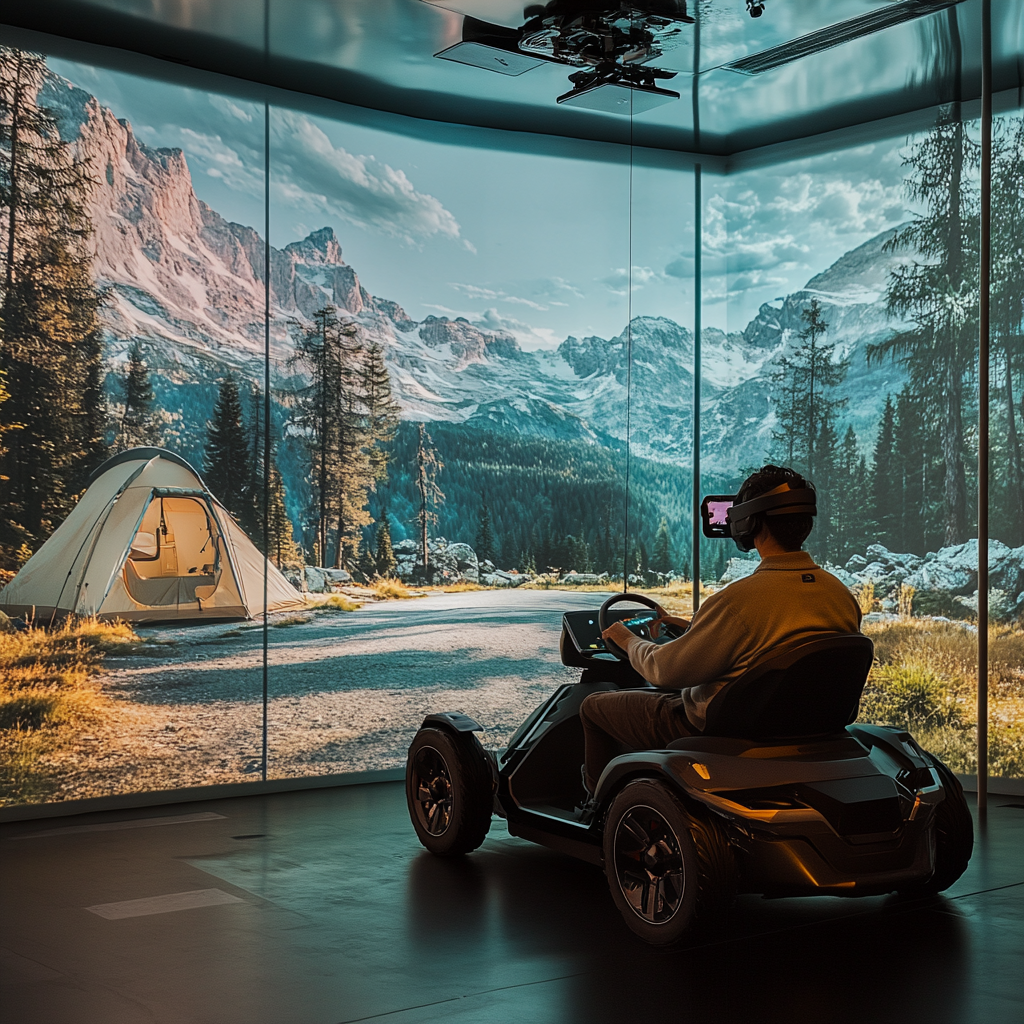 Man drives AR electric car in store, camping projected