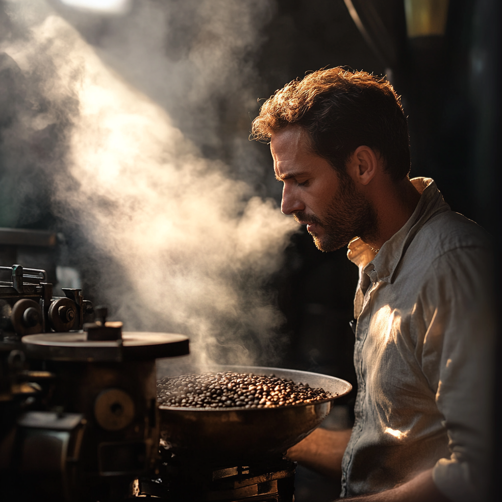 Man enjoys coffee roast, inhaling aroma, near roaster