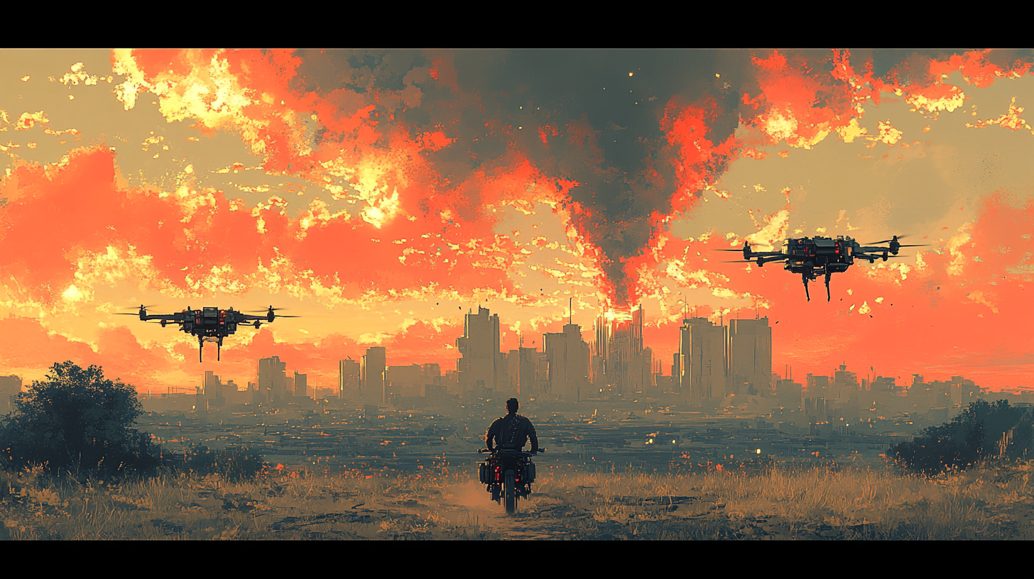 Man escaping drones in wasteland, city in horizon