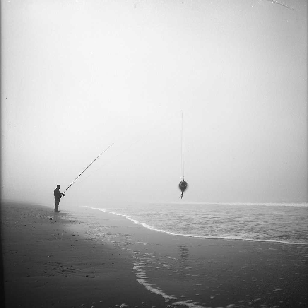 Man fishing on foggy morning beach