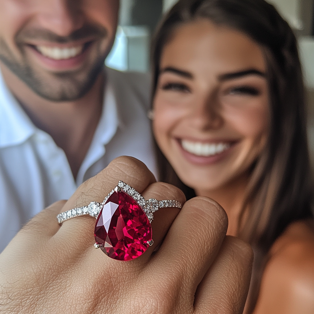 Man gives woman shiny red ruby ring