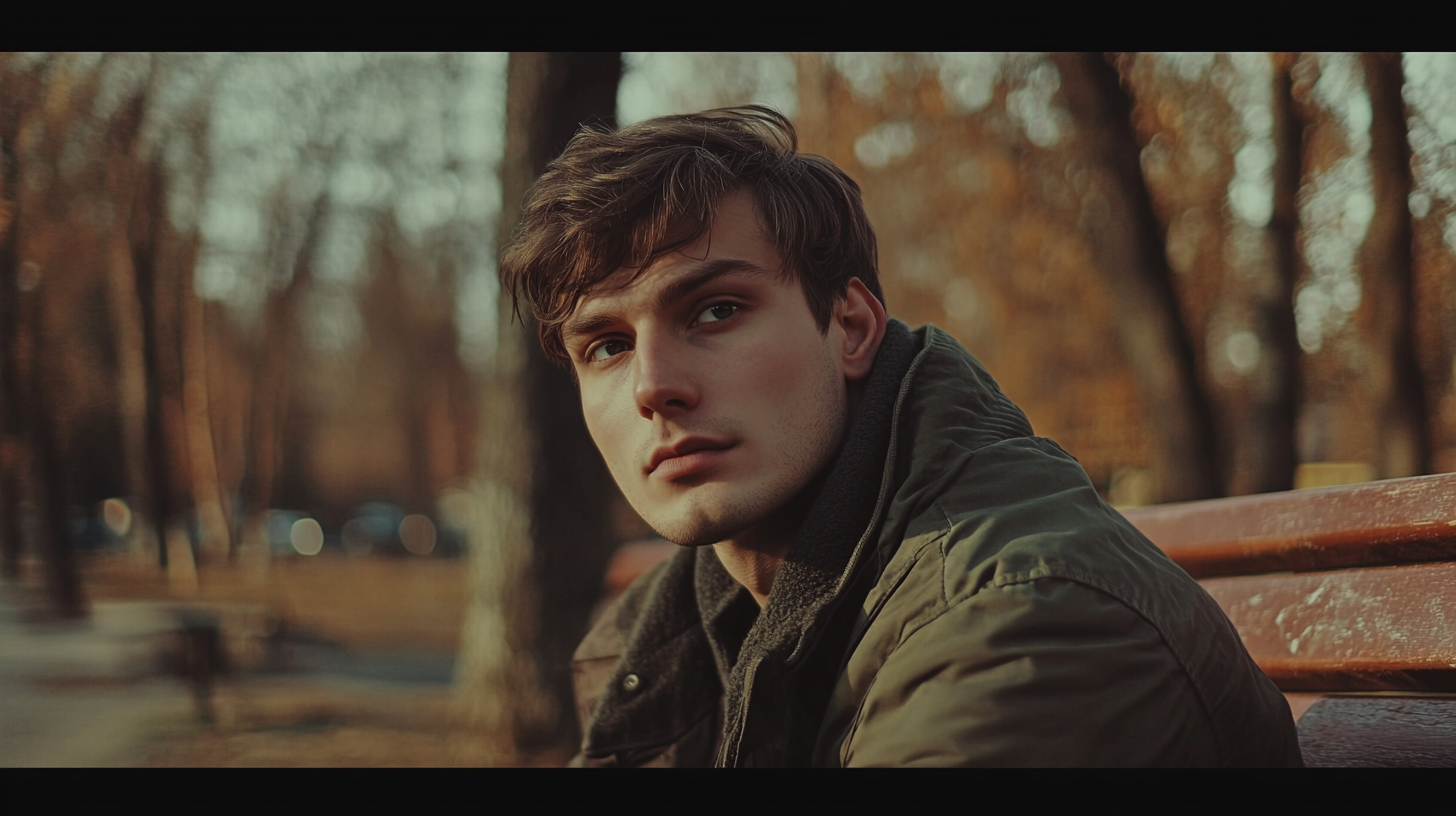 Man in 30s in park bench, Estonia 90s.