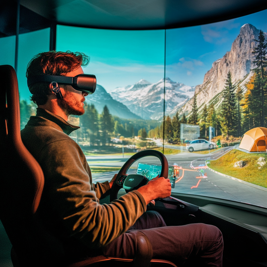 Man in AR device drives autonomous car showroom