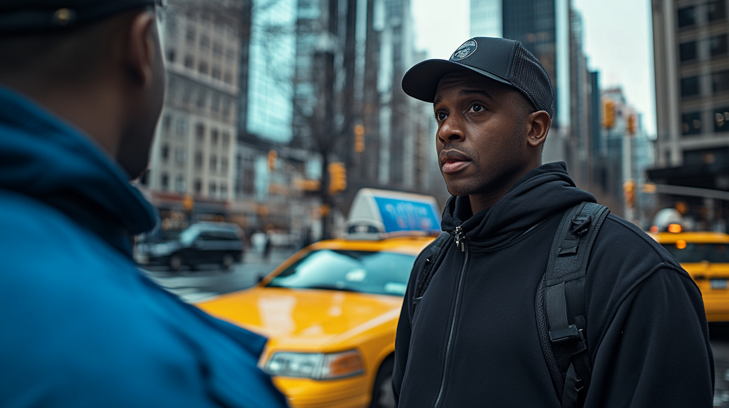 Man in Black with Blue Man in NYC