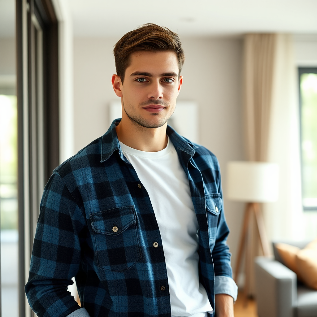 Man in blue plaid shirt, jeans, standing by window.