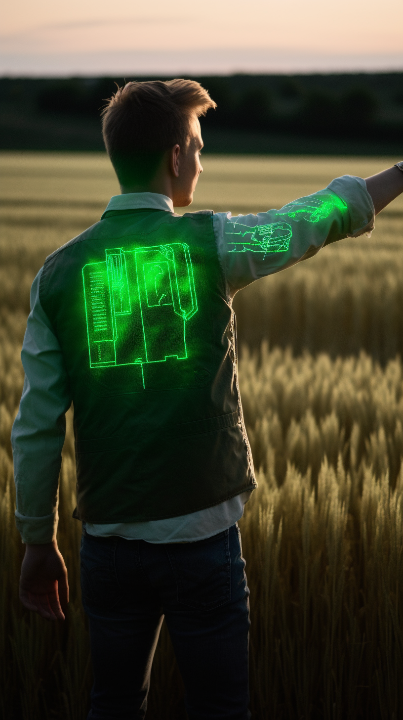 Man in field with glowing green agricultural data display