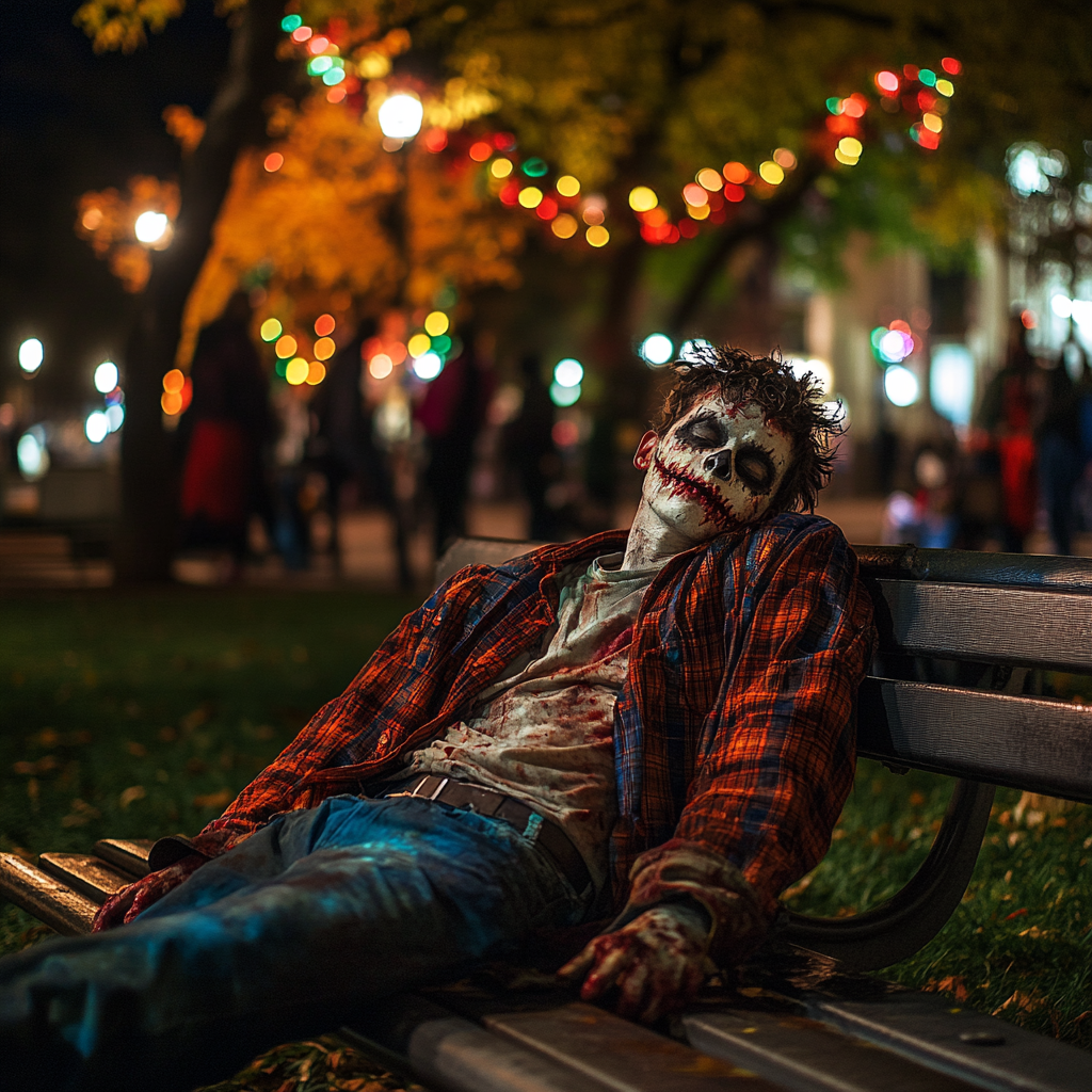 Man in funny zombie Halloween costume at party